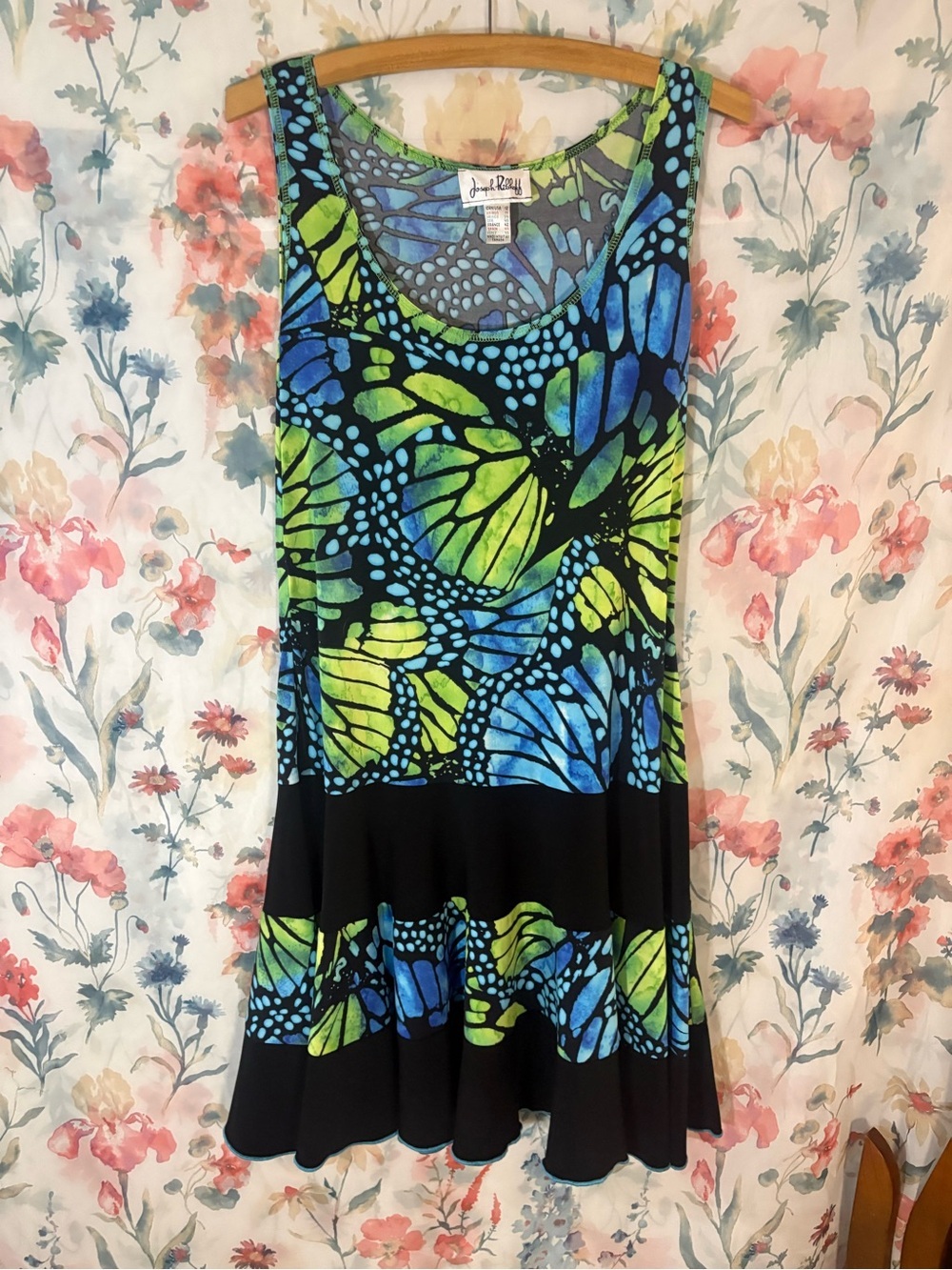 Joseph Ribkoff Black Midi Dress with Blue and Green Butterfly Print